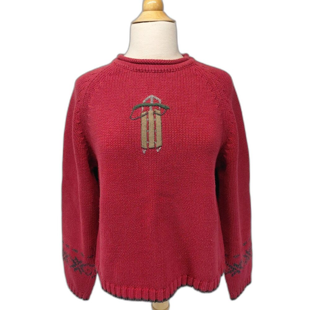Woolrich Red Sled Sweater LS Knit Rolled Neck Hem SZ M